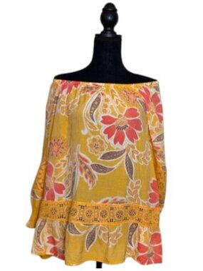 Unique Spectrum Off-Shoulder Floral Boho Top in Mustard and Coral - Size XL